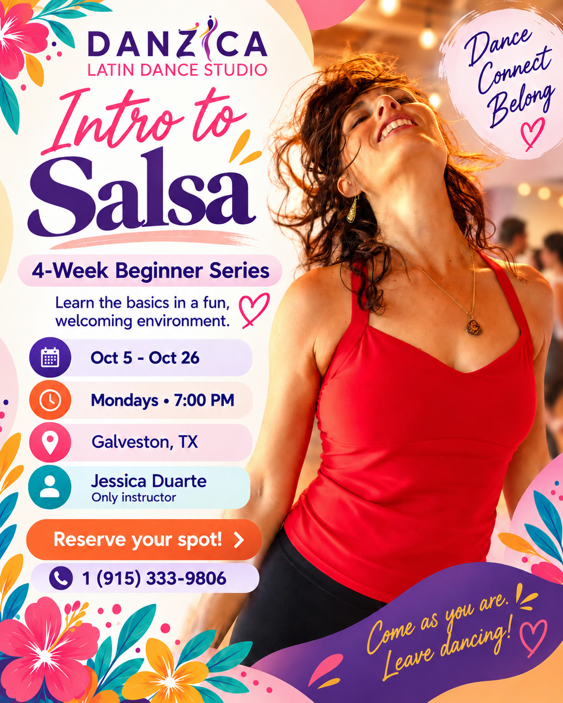 Intro to Salsa 4-week beginner series flyer: Mondays at 7:00 PM, Oct 5 to Oct 26 in Galveston, TX with Jessica Duarte.